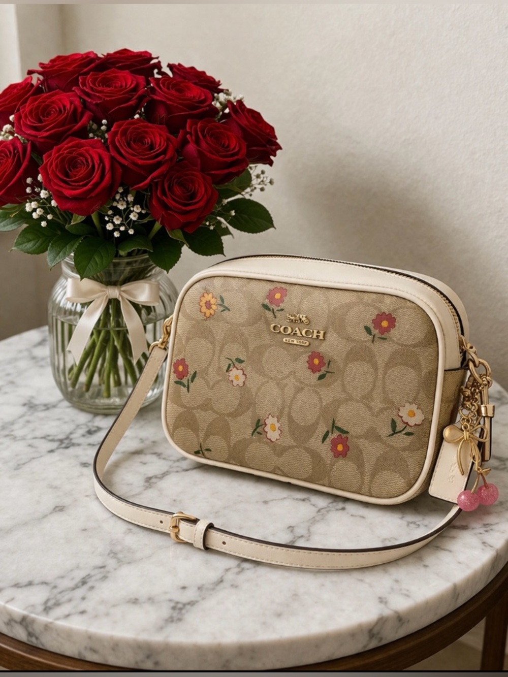 Coach Beige Signature Floral Crossbody with Cream Trim